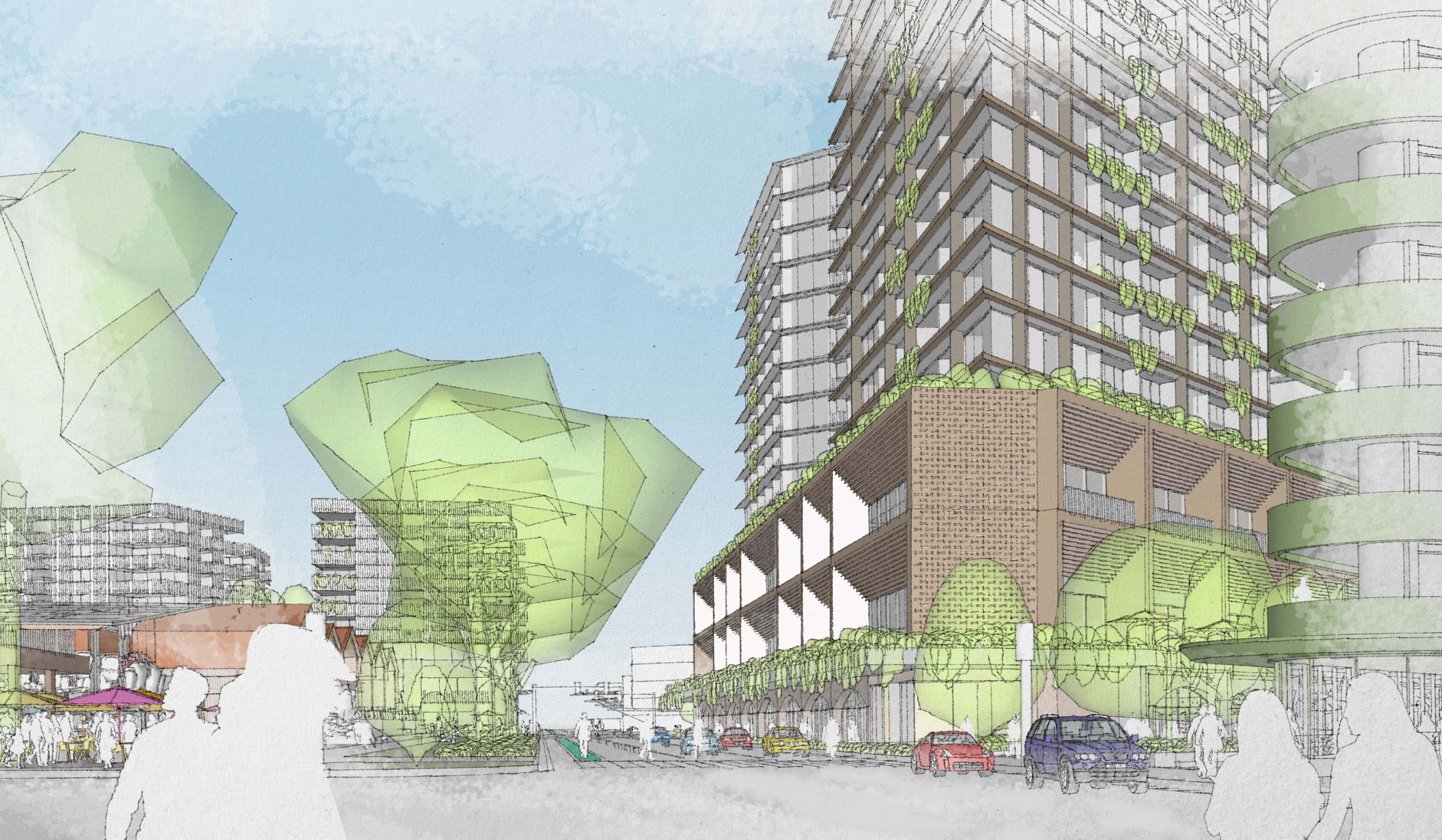 Future: Artist Impression from Clow Street and Lonsdale Street intersection showing improved tree lined streetscape, prioritised pedestrian paths and activated building interface. 