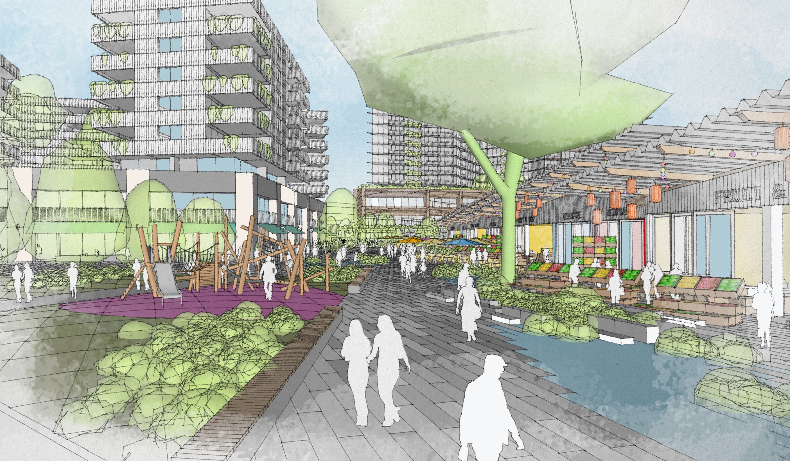 Future: Artist Impression of the view from renewed Pioner Park and Market showing improved landscaped areas, planting and activated building interface. 