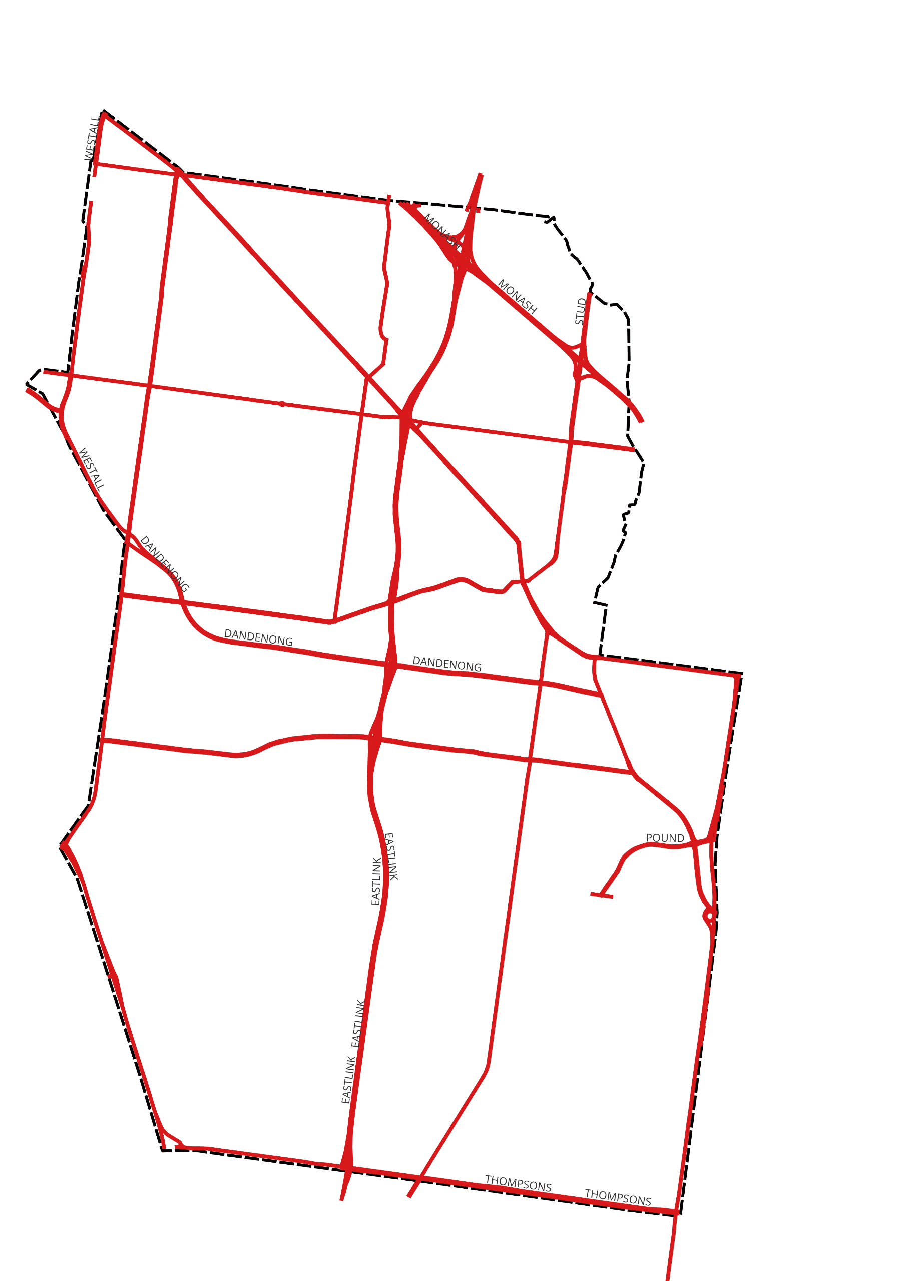 A map showing arterial roads in the city of greater dandenong